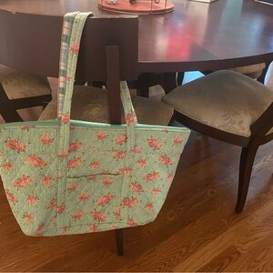 Floral Quilted Tote Bag - Green and Pink